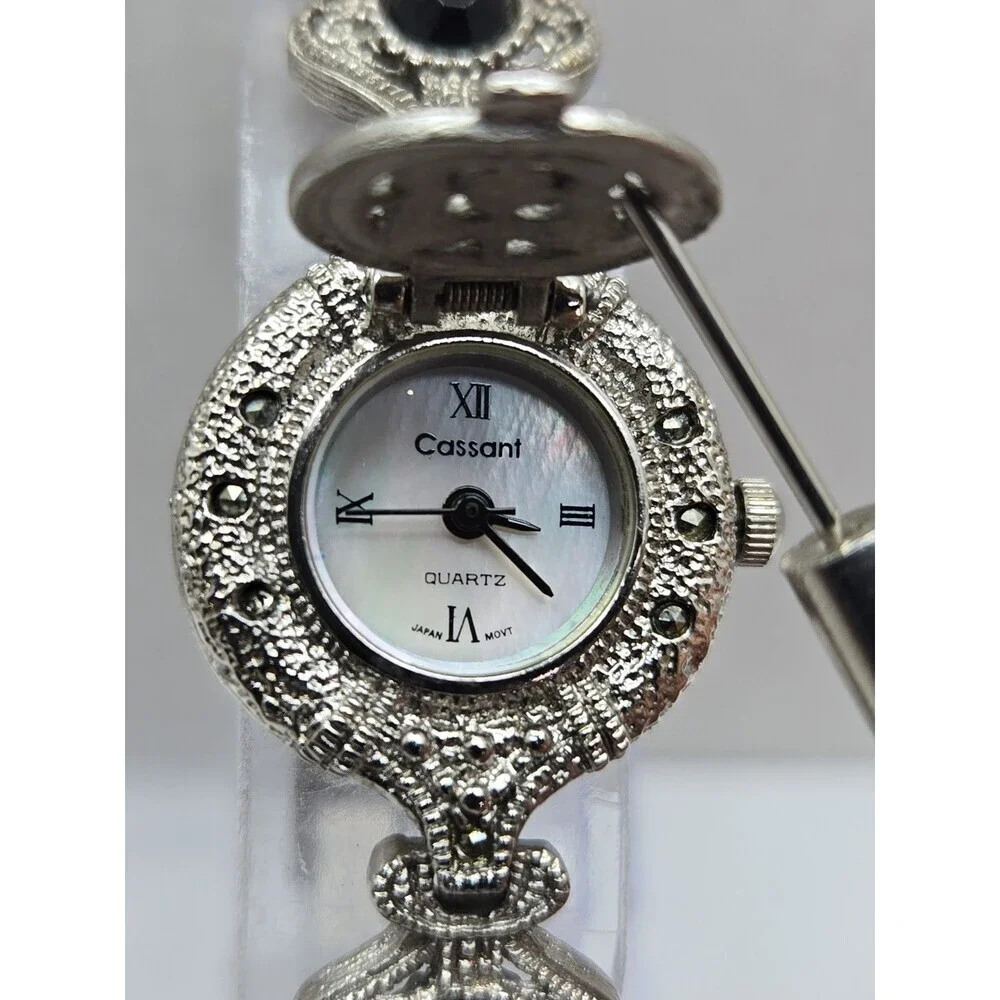 Cassani Womens Hidden Dial Bracelet Watch Black Silver Tone Quartz New Battery
